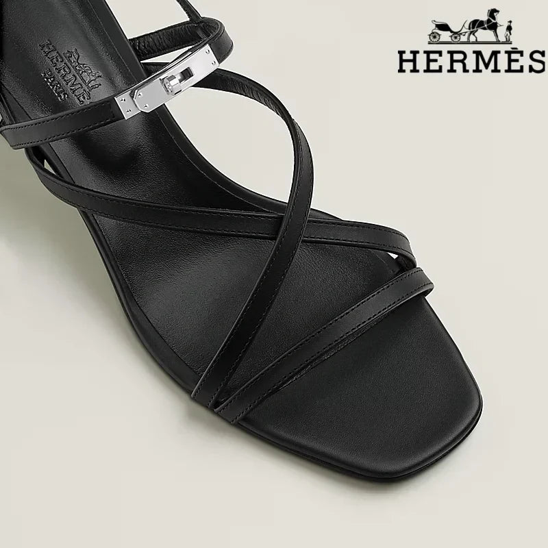 Hermès Black Calfskin Crisscross Strap Kitten Heel Sandals