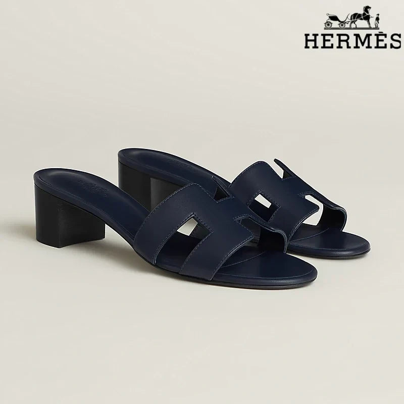 Hermès Dark Navy Leather Heeled Slide Sandals