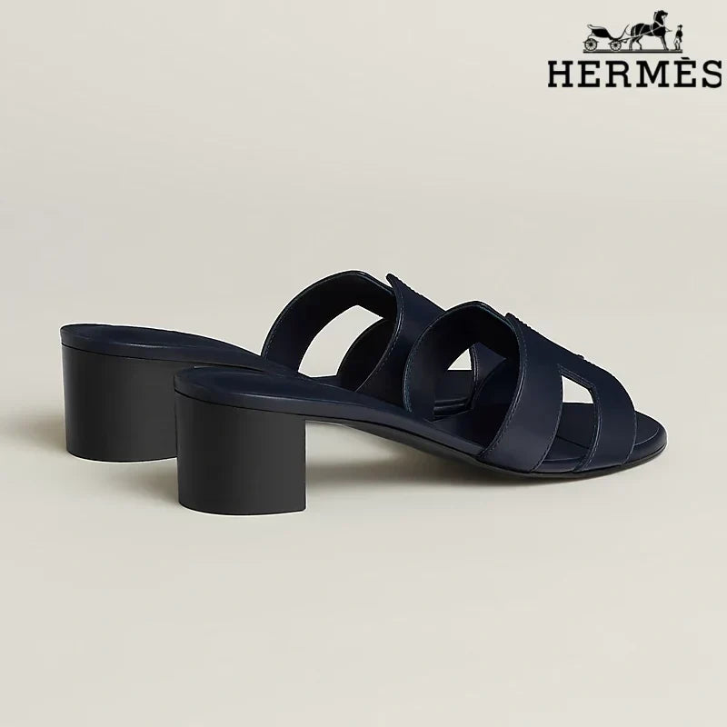 Hermès Dark Navy Leather Heeled Slide Sandals