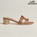 Hermès Brown Leather Heeled Slide Sandals