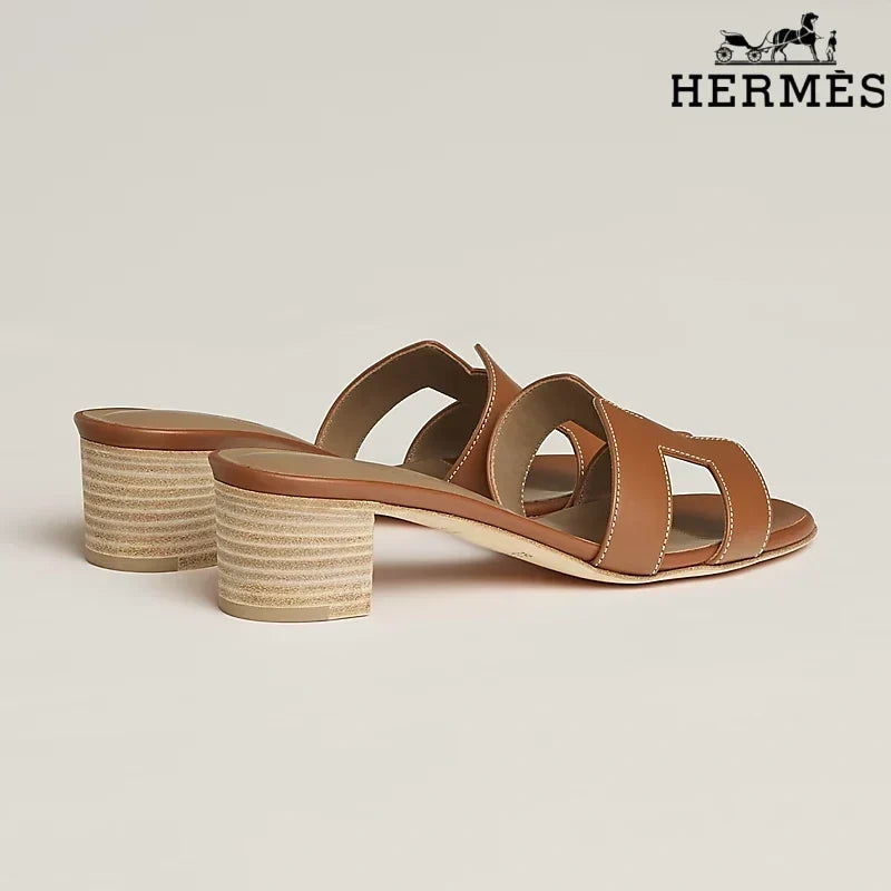 Hermès Brown Leather Heeled Slide Sandals