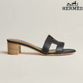 Hermès Black Leather Heeled Slide Sandals