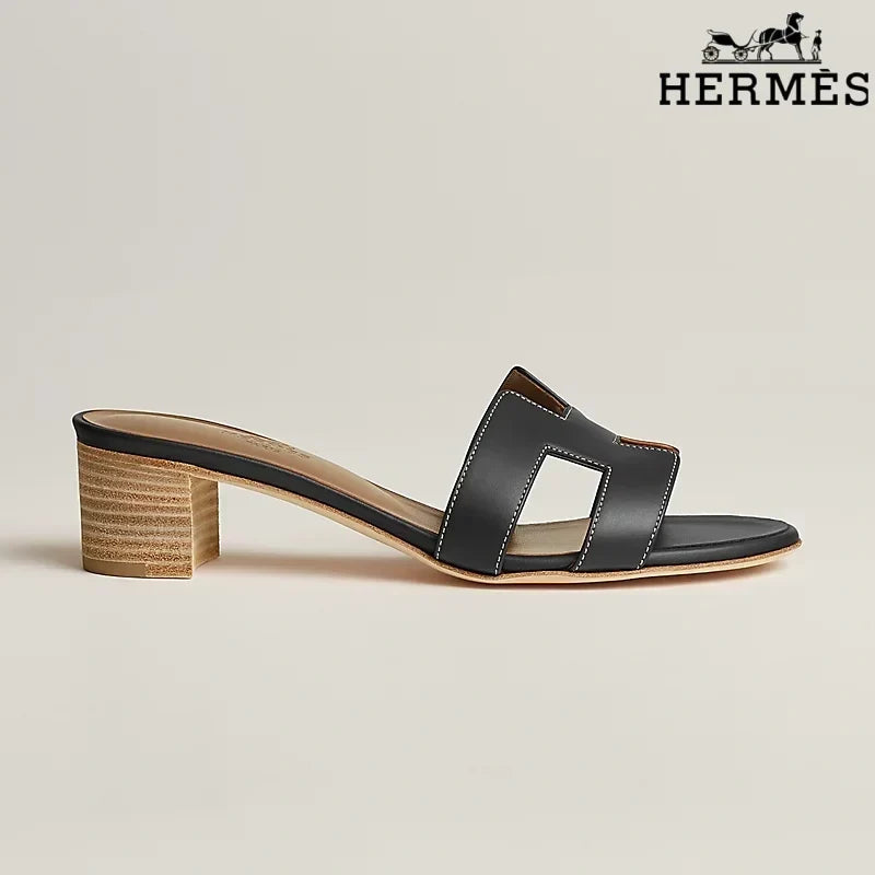 Hermès Black Leather Heeled Slide Sandals