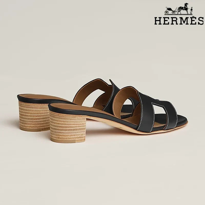 Hermès Black Leather Heeled Slide Sandals