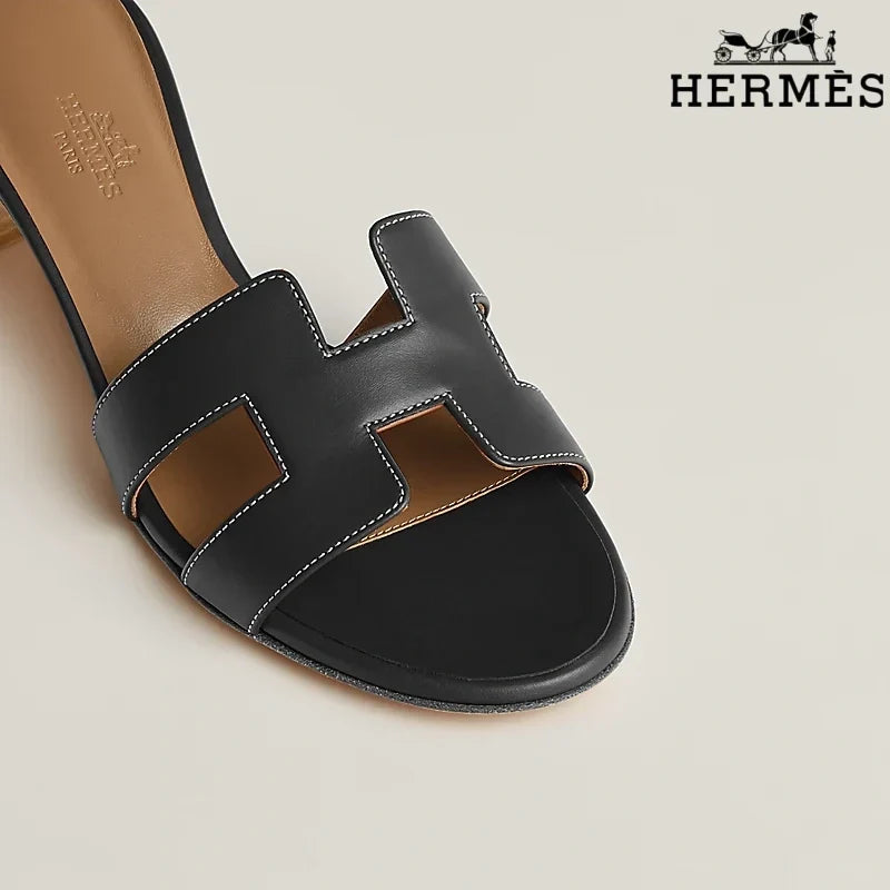 Hermès Black Leather Heeled Slide Sandals