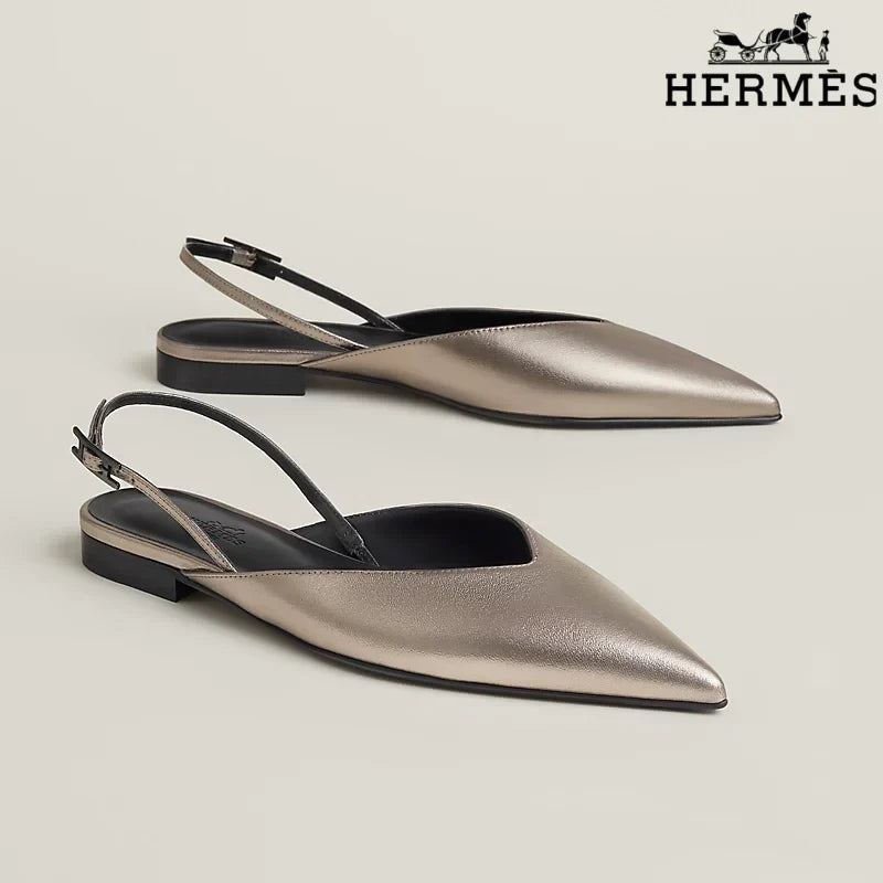 Hermès Metallic Bronze Leather Slingback Flats
