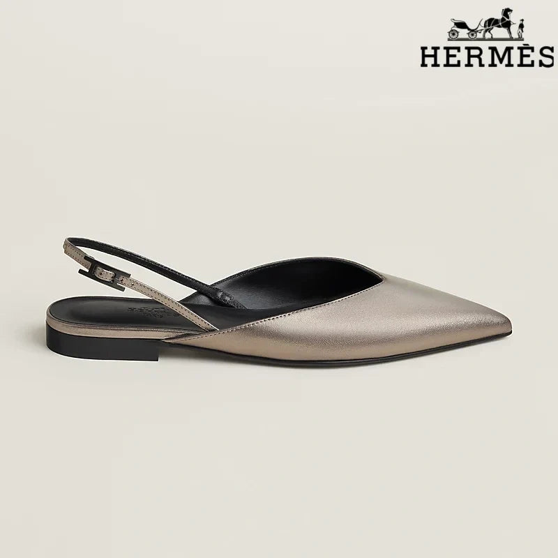 Hermès Metallic Bronze Leather Slingback Flats