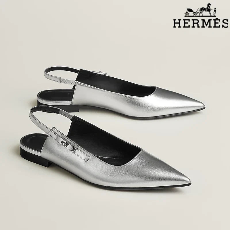 Hermès Silver Metallic Leather Slingback Flats