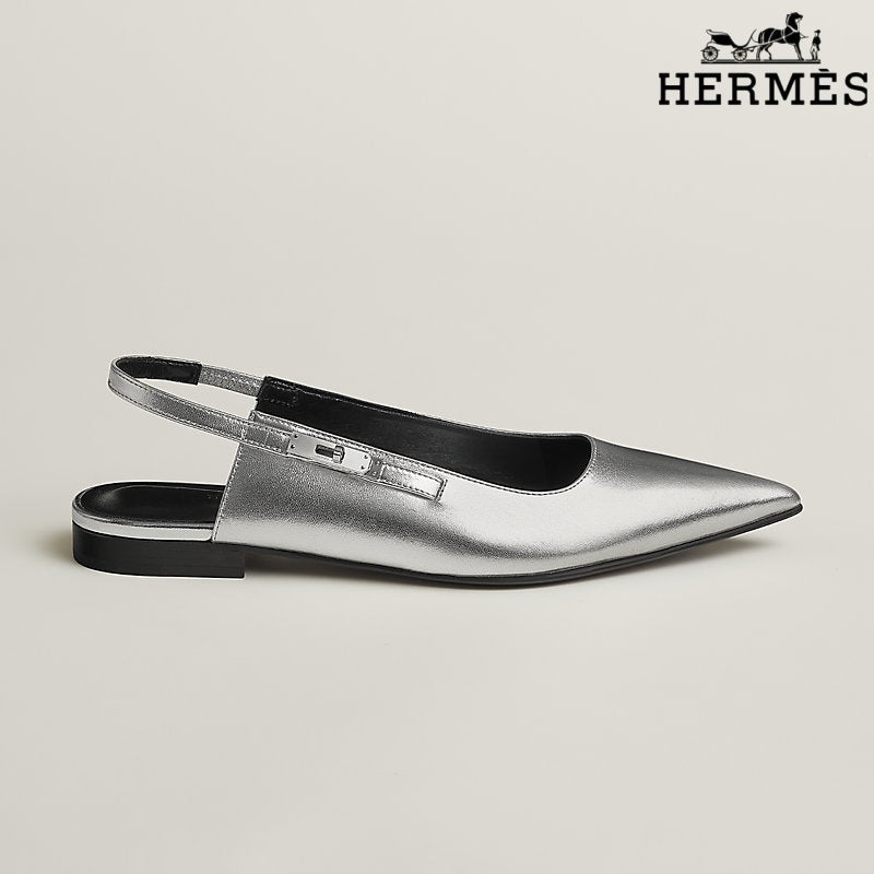 Hermès Silver Metallic Leather Slingback Flats