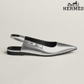 Hermès Silver Metallic Leather Slingback Flats