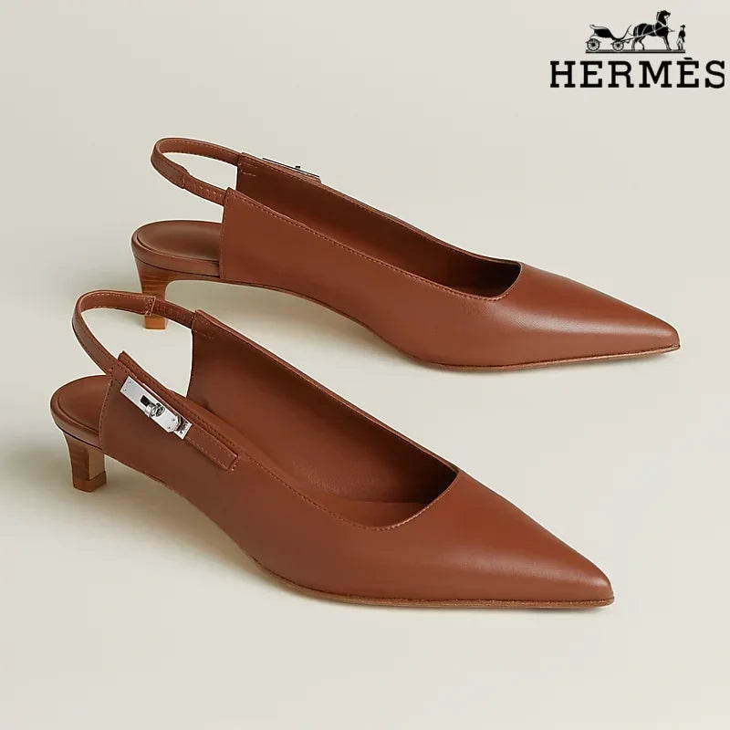Hermès Brown Leather Slingback Kitten Heels