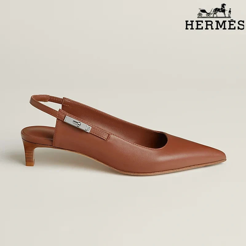 Hermès Brown Leather Slingback Kitten Heels