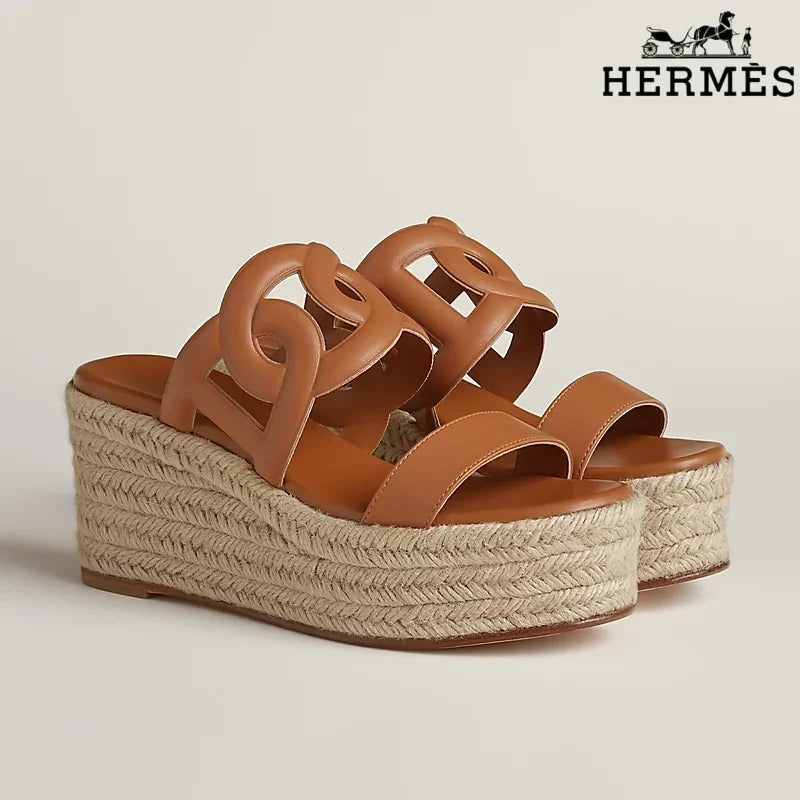 Hermès Brown Leather Wedge Espadrille Sandal