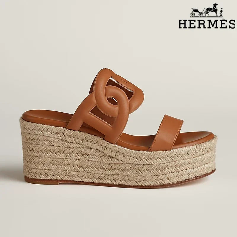 Hermès Brown Leather Wedge Espadrille Sandal