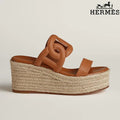 Hermès Brown Leather Wedge Espadrille Sandal