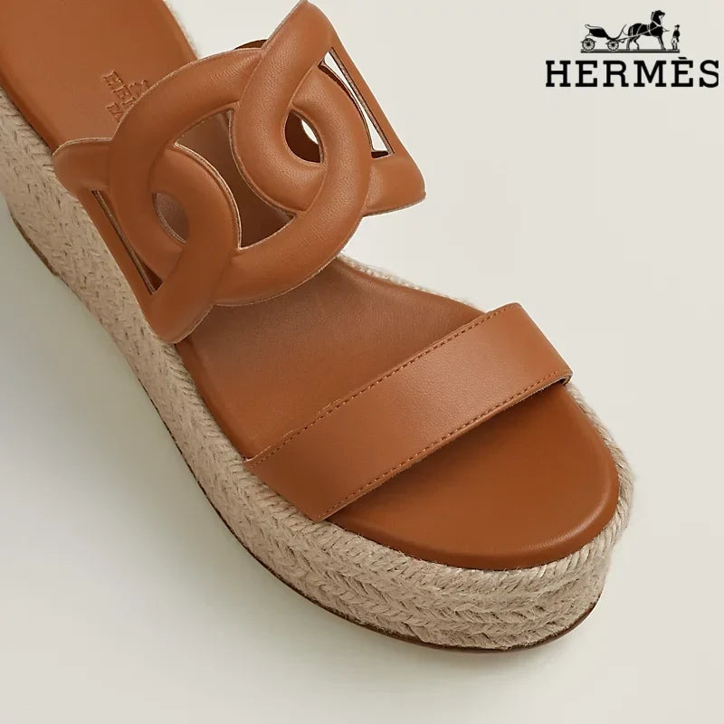 Hermès Brown Leather Wedge Espadrille Sandal