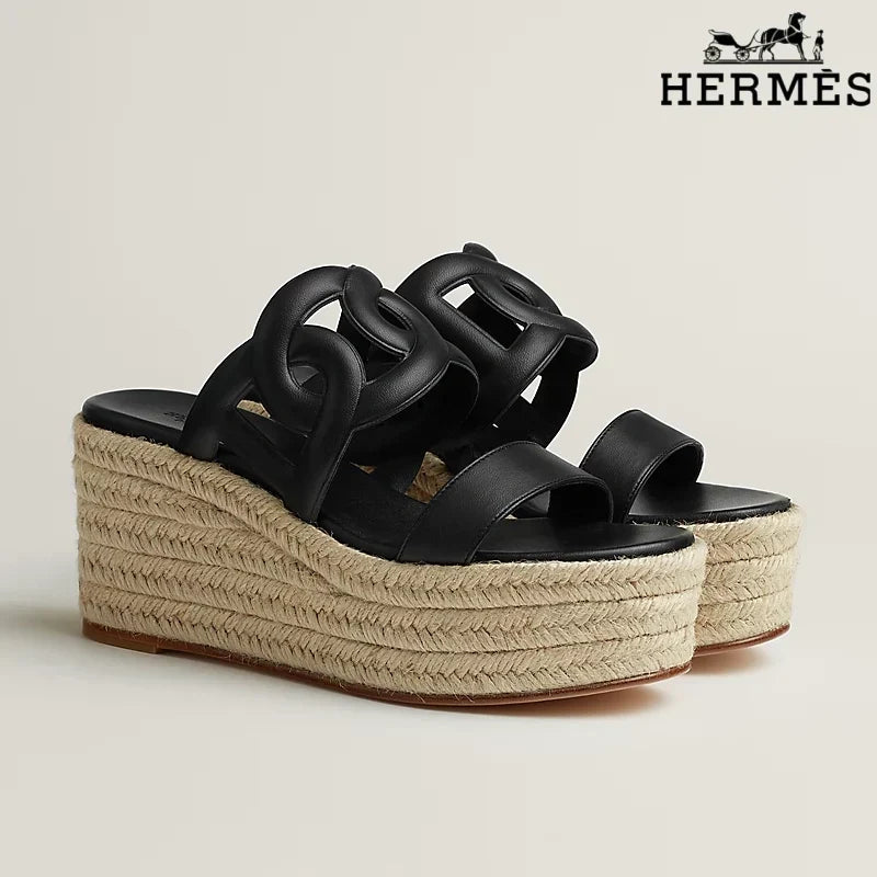 Hermès Black Leather Wedge Espadrille Sandal