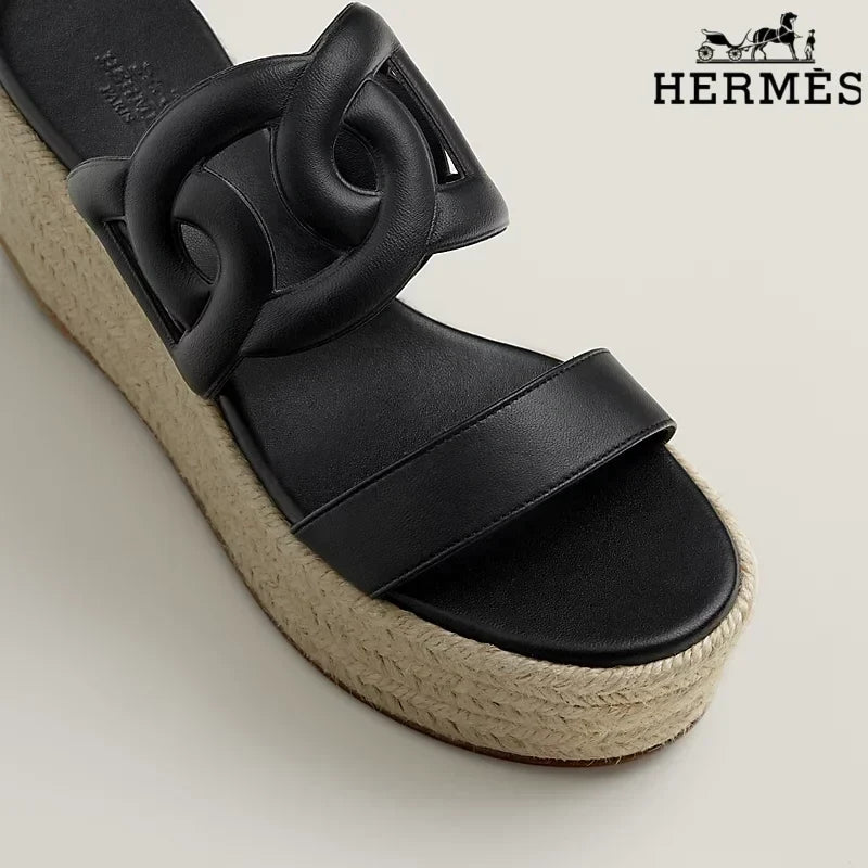 Hermès Black Leather Wedge Espadrille Sandal