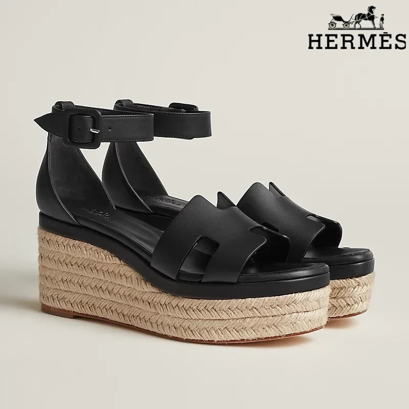 Hermès Black Leather Wedge Espadrille Sandal