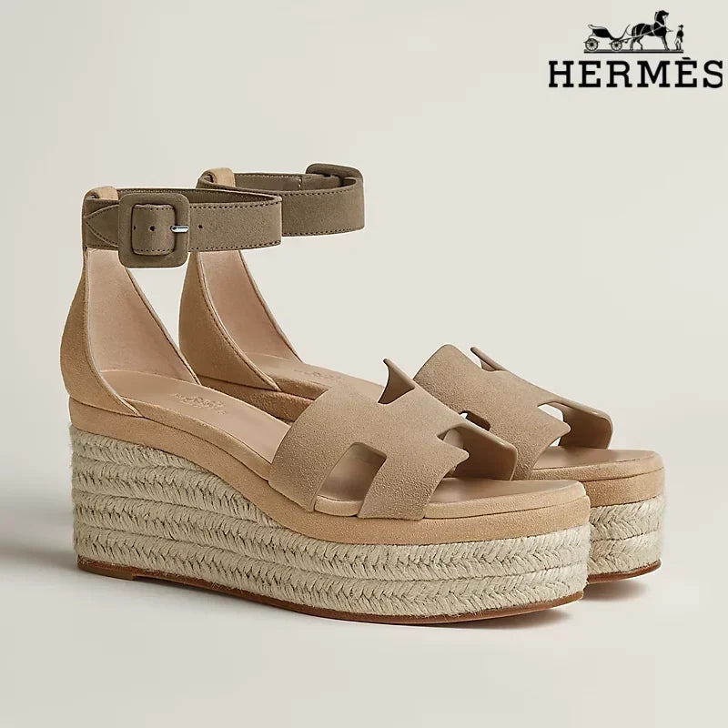 Hermès Beige Suede Wedge Espadrille Sandal