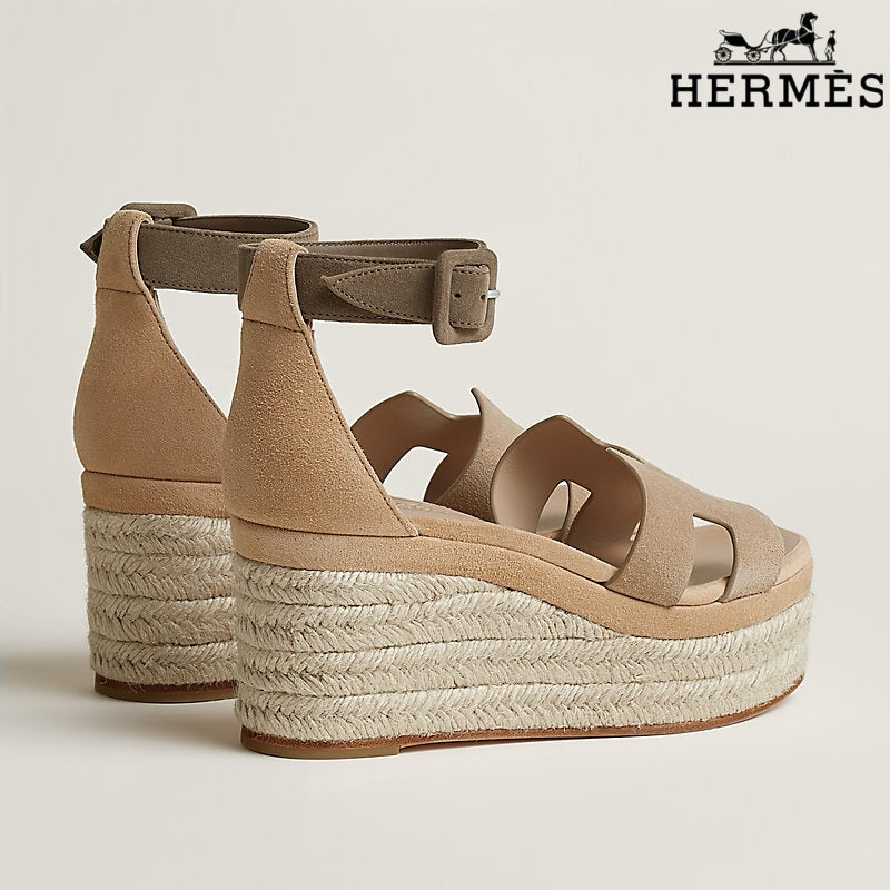 Hermès Beige Suede Wedge Espadrille Sandal