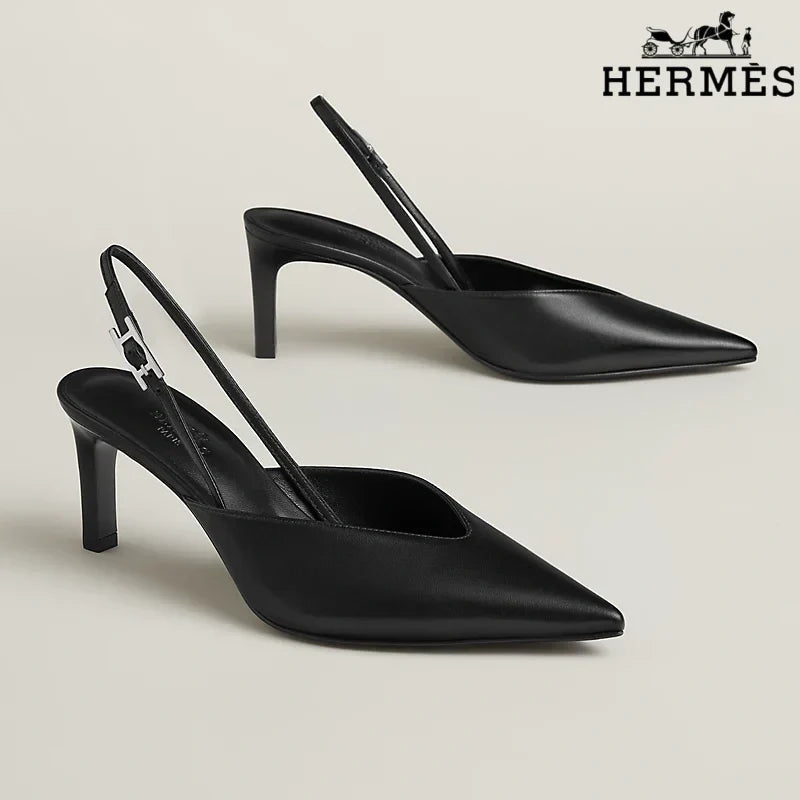 Hermès Black Leather Slingback High Heels