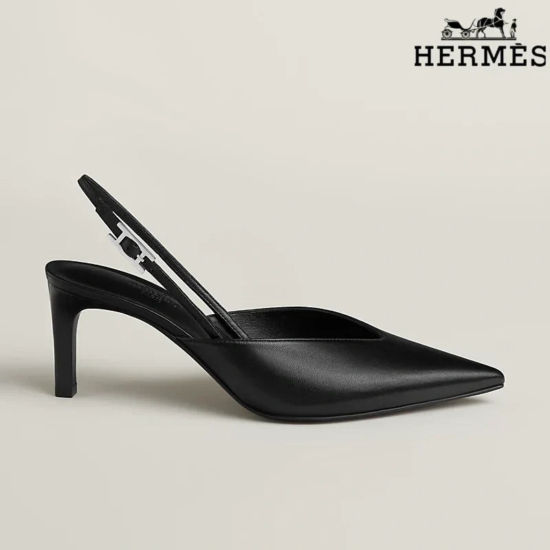 Hermès Black Leather Slingback High Heels