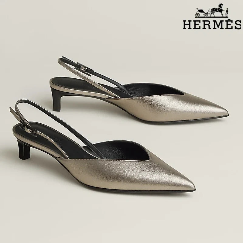Hermès Pewter Metallic Leather Slingback Kitten Heels