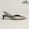 Hermès Pewter Metallic Leather Slingback Kitten Heels