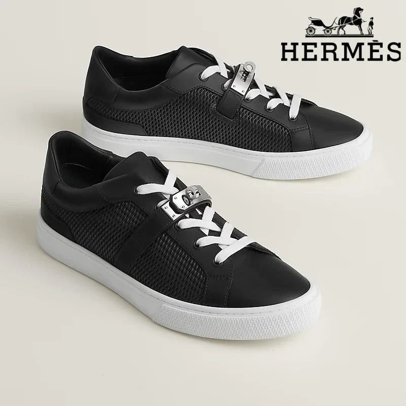 Hermès Black Leather Mesh Low Top Sneakers