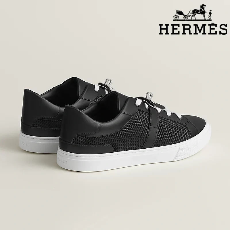 Hermès Black Leather Mesh Low Top Sneakers