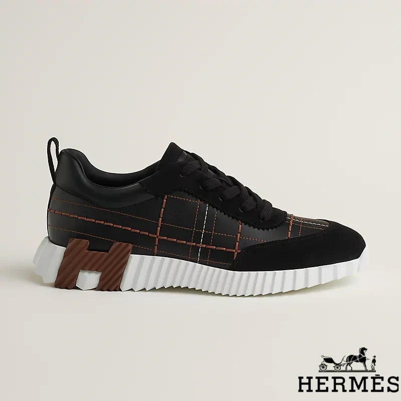 Hermès Black Grid Stitching Platform Sneakers