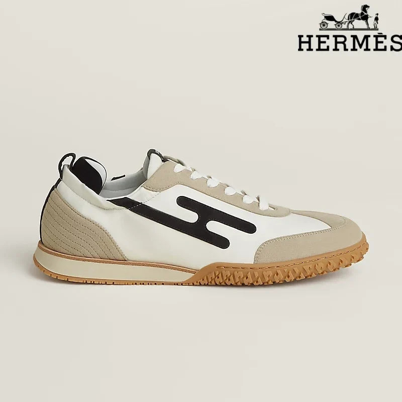 hermes womens shoes men sneaker  White, Beige and Black H-Logo Sneakers
