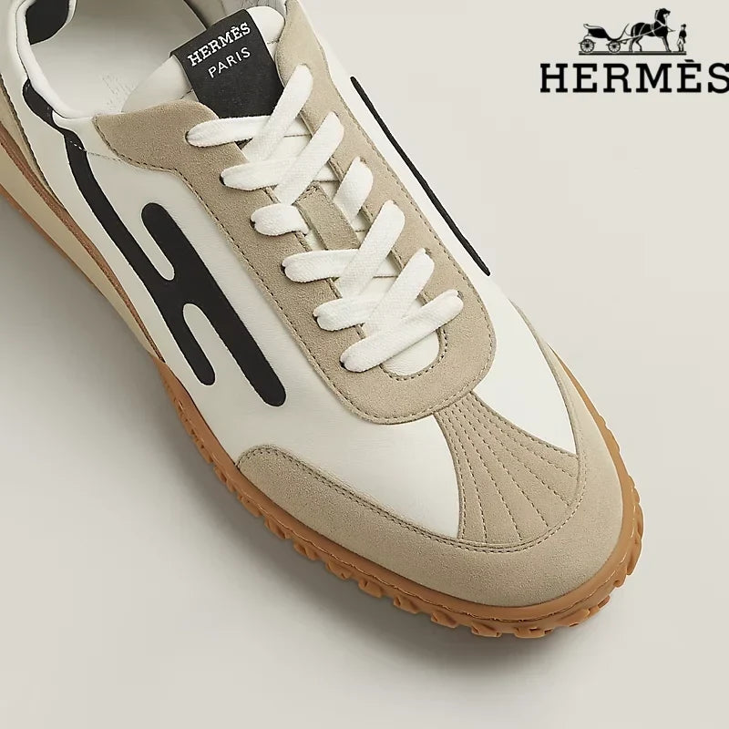 hermes womens shoes men sneaker  White, Beige and Black H-Logo Sneakers