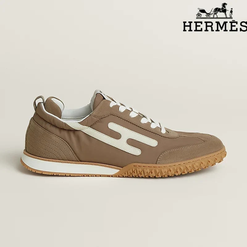 Hermès Brown Fabric Sneakers with White H-Logo