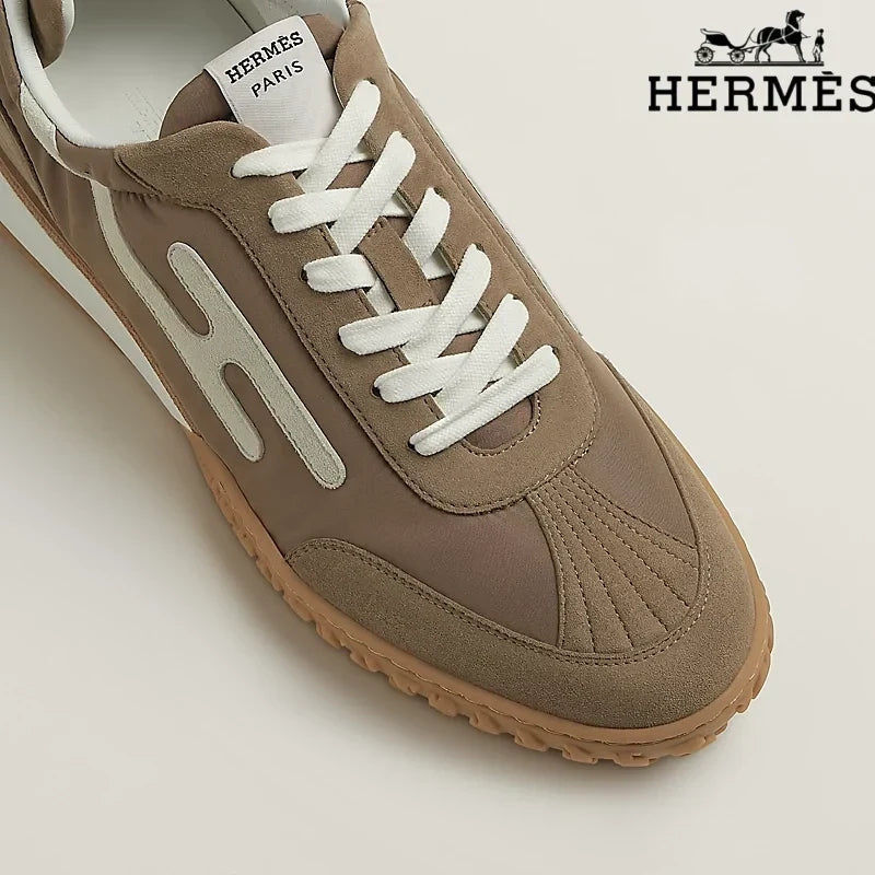 Hermès Brown Fabric Sneakers with White H-Logo