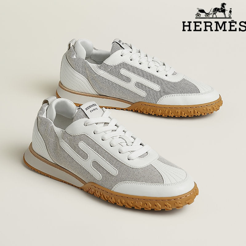 Hermès womens shoes men sneaker White Mesh and Leather Sneakers with H-Logo