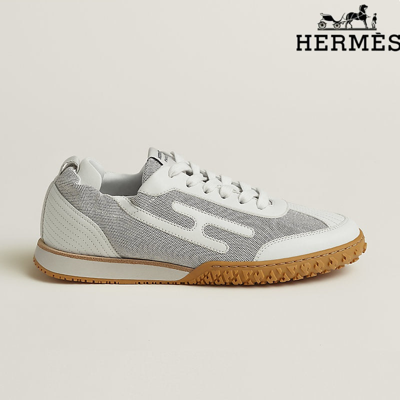 Hermès womens shoes men sneaker White Mesh and Leather Sneakers with H-Logo