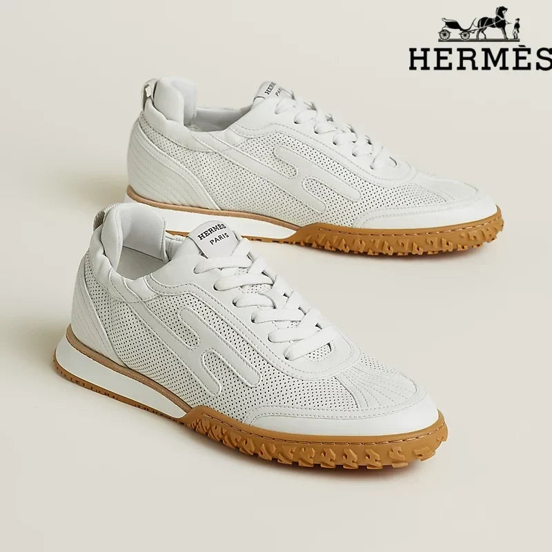 Hermès womens shoes men sneaker  White Perforated Leather Sneakers with H-Logo