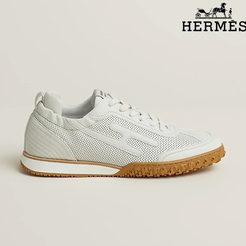 Hermès womens shoes men sneaker  White Perforated Leather Sneakers with H-Logo