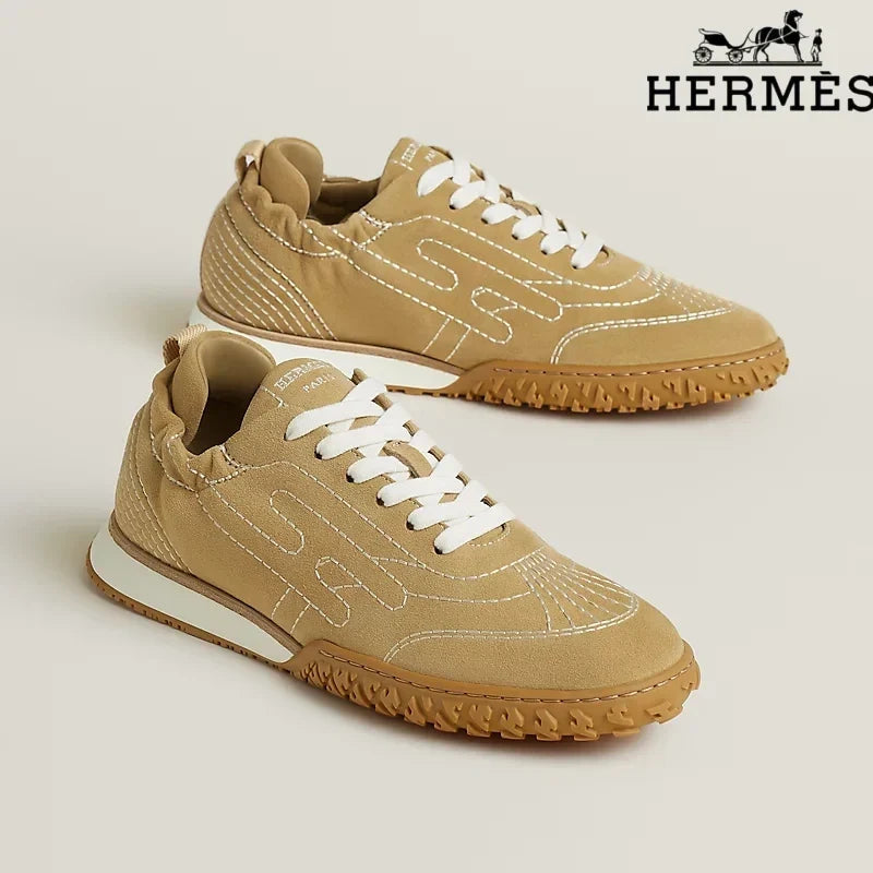 Hermès Camel Suede Contrast Stitch H-Logo Sneakers