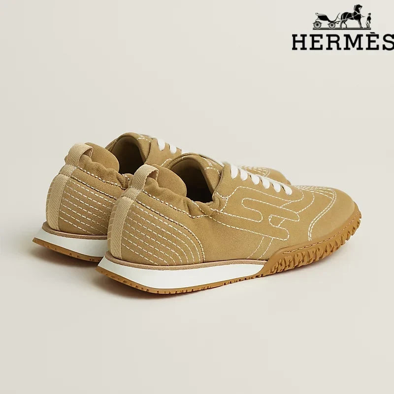 Hermès Camel Suede Contrast Stitch H-Logo Sneakers