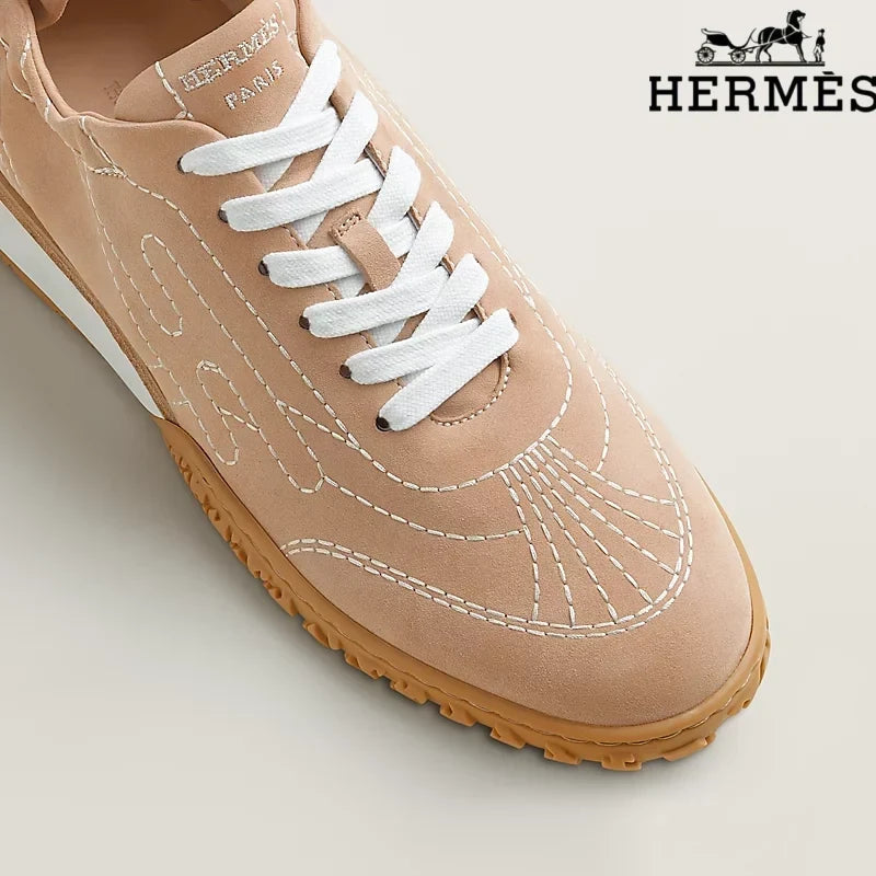 Hermès Nude Suede Contrast Stitch H-Logo Sneakers