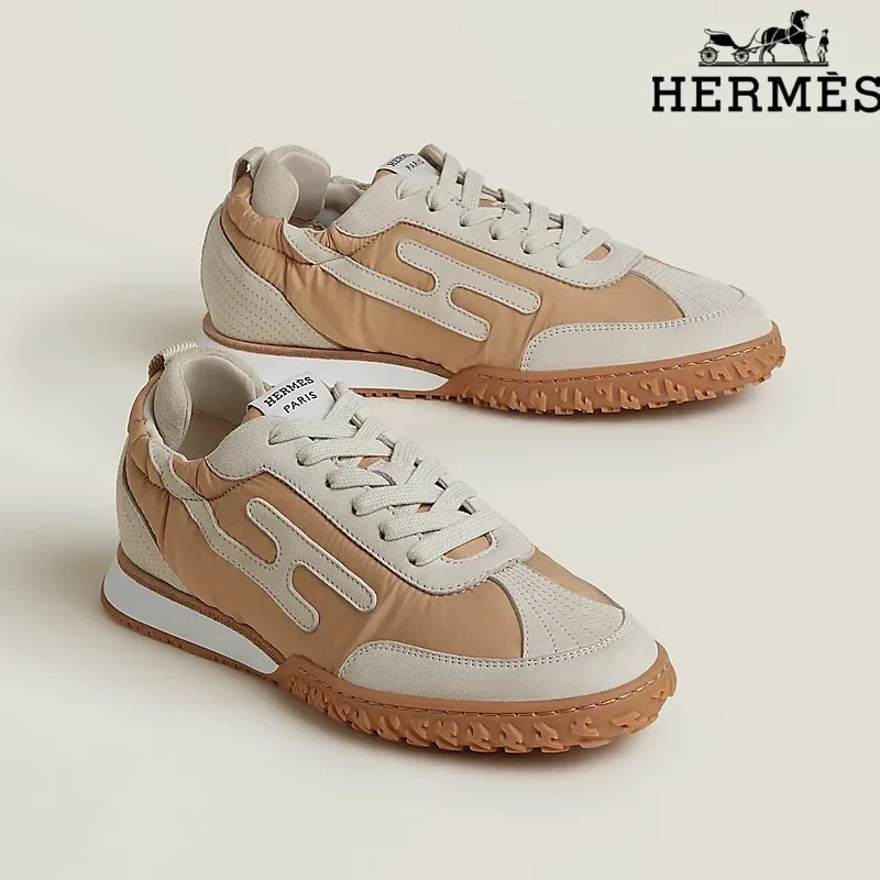 Hermès Tan and Beige Nylon and Suede Sneakers with H-Logo