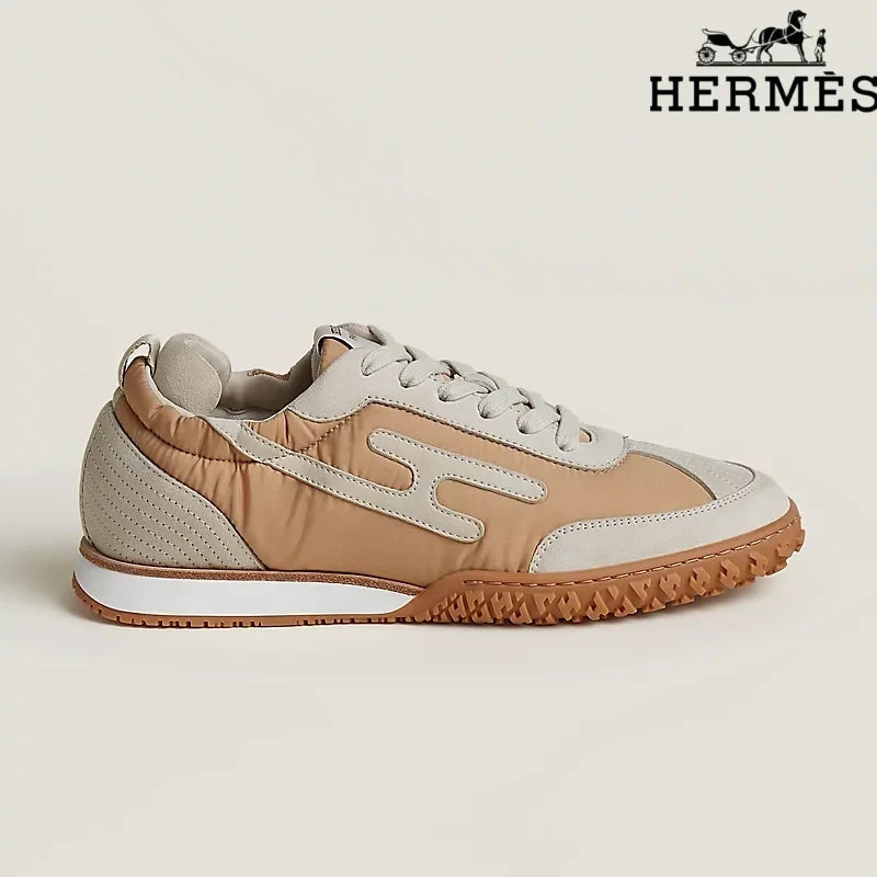 Hermès Tan and Beige Nylon and Suede Sneakers with H-Logo
