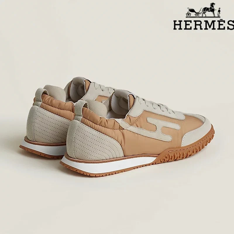Hermès Tan and Beige Nylon and Suede Sneakers with H-Logo