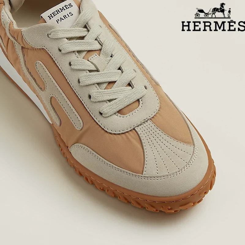 Hermès Tan and Beige Nylon and Suede Sneakers with H-Logo