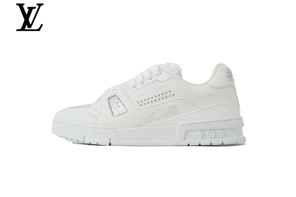 Louis Vuitton Trainer shoes for man  women Sneaker – All-White Leather with Rhinestone Embellishment