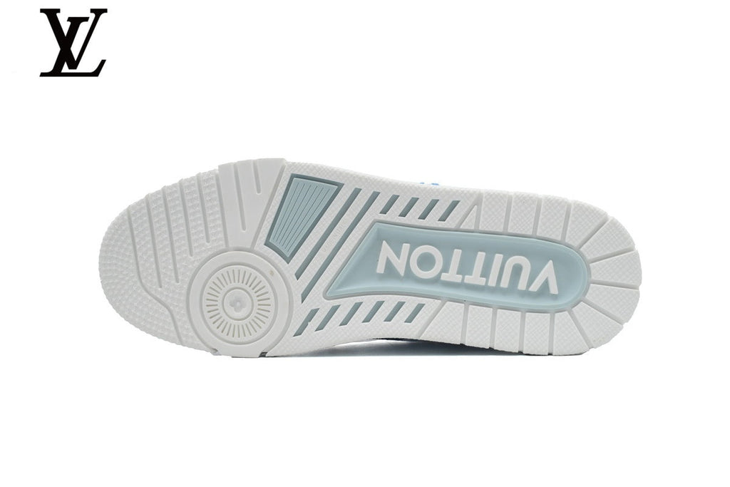 Louis Vuitton Trainer  shoes for man  women Sneaker – Striped Monogram Denim in Light Blue