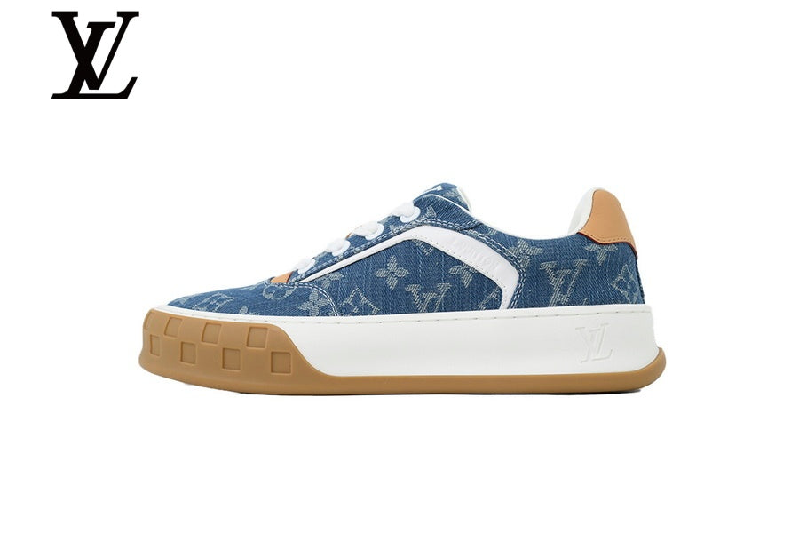 louis vuitton shoes for man  women Blue Monogram-Pattern Denim-Look Skate Sneakers | Sizes 35–46